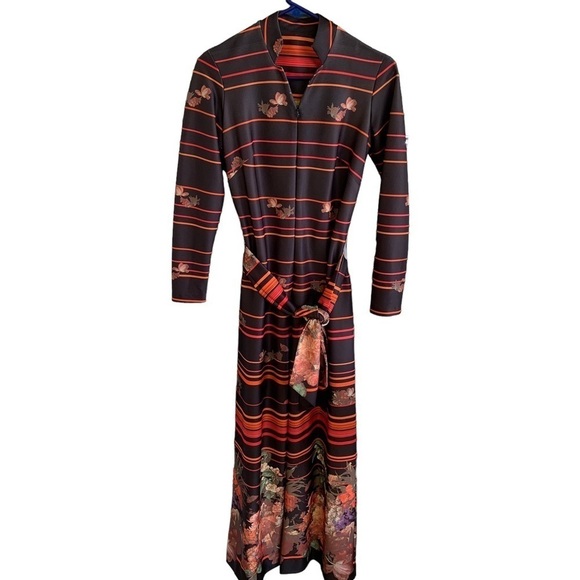 Vintage 70s Silky Polyester Autumn Print Jumper Wide Flair Legs Retro Size 6 - Picture 1 of 11